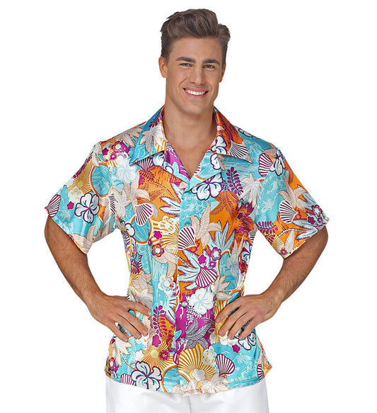 Hawaiihemd aus glänzendem Satin mit buntem Blumenmuster für Fasnacht