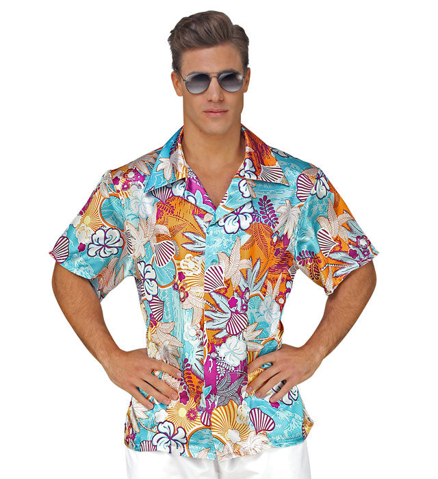 Hawaiihemd aus glänzendem Satin mit buntem Blumenmuster für Fasnacht