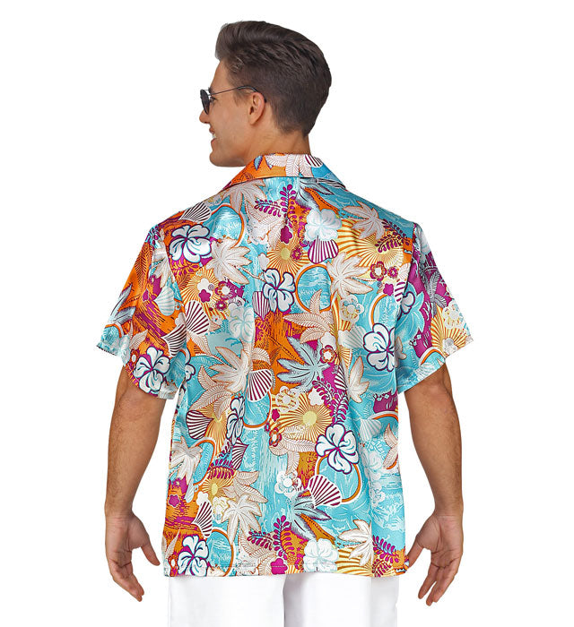 Hawaiihemd aus glänzendem Satin mit buntem Blumenmuster für Fasnacht