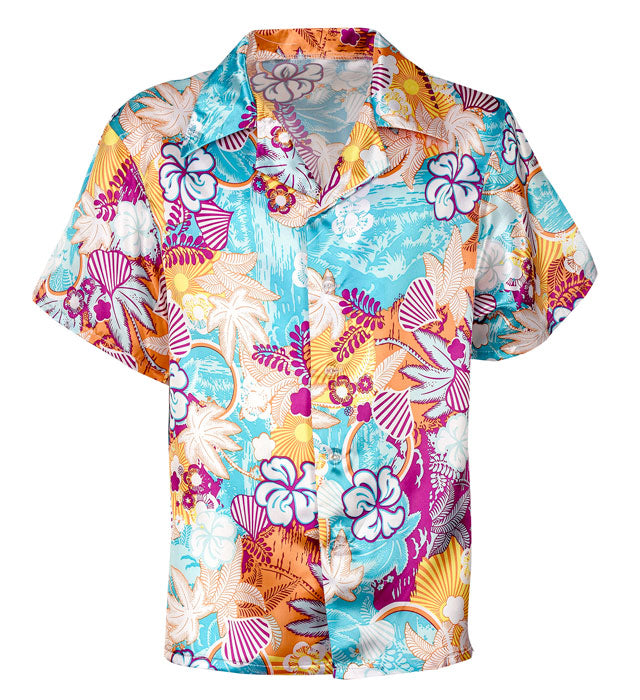 Hawaiihemd aus glänzendem Satin mit buntem Blumenmuster für Fasnacht