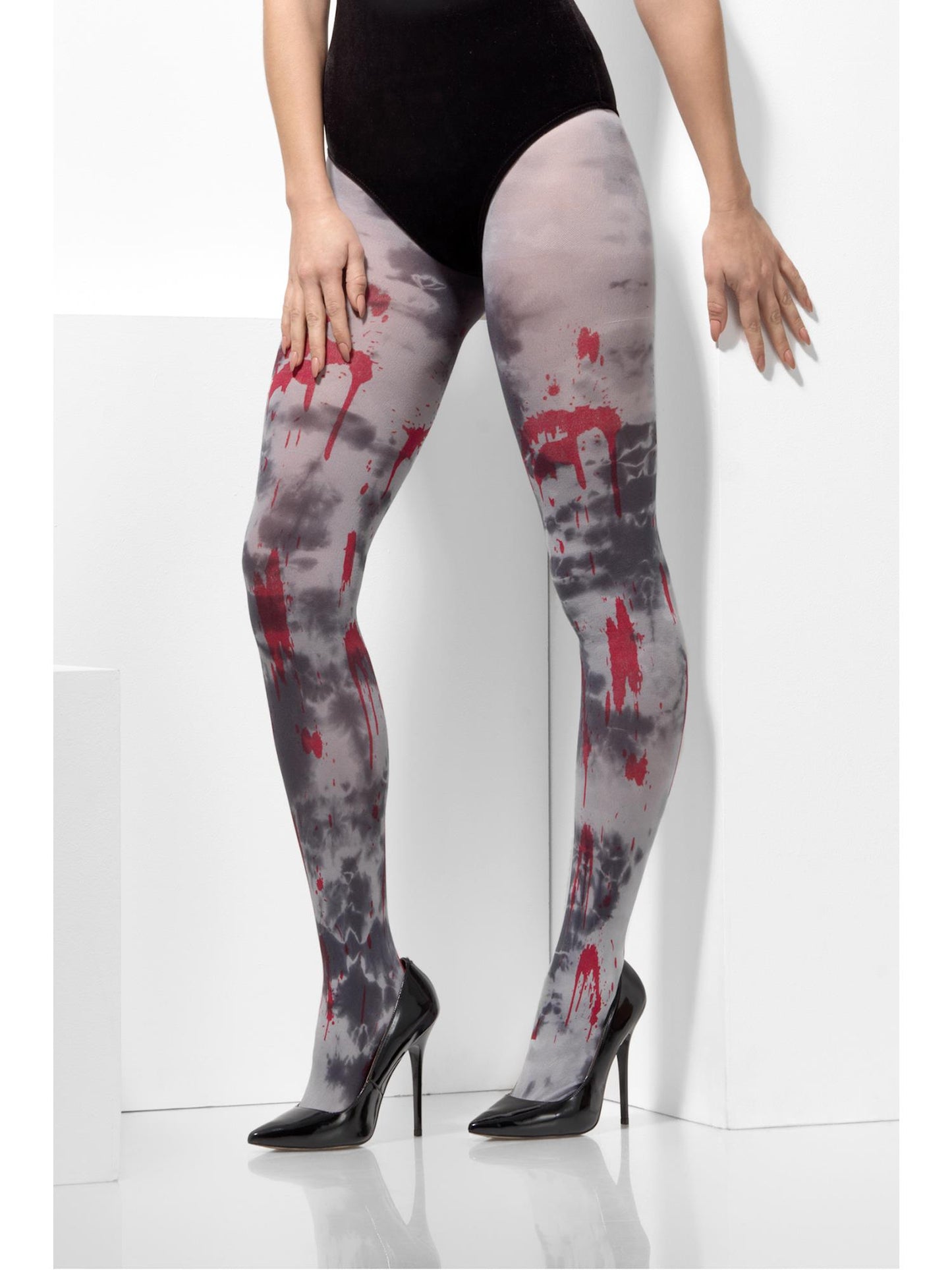 Smiffys graue Zombie-Strumpfhose für Damen mit Blutspritzern – Produktansicht