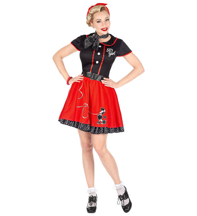 50er Jahre Girl Kostüm mit Petticoat, Gürtel und Halstuch in Retro-Design