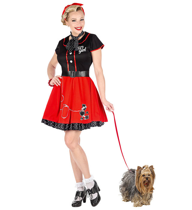 50er Jahre Girl Kostüm mit Petticoat, Gürtel und Halstuch in Retro-Design