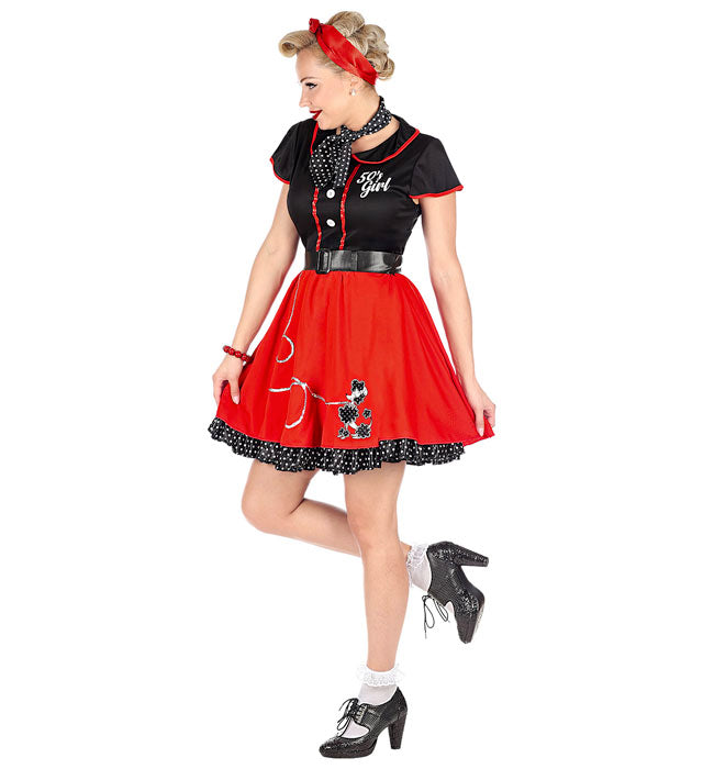 50er Jahre Girl Kostüm mit Petticoat, Gürtel und Halstuch in Retro-Design