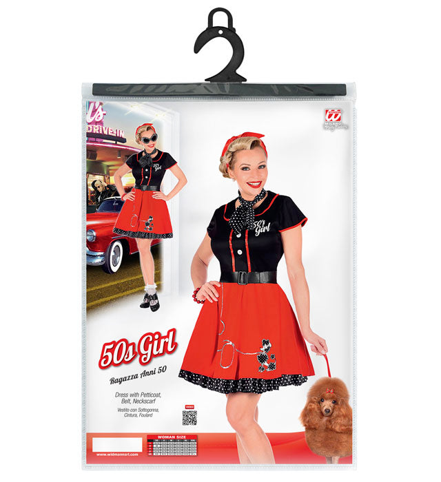50er Jahre Girl Kostüm mit Petticoat, Gürtel und Halstuch in Retro-Design