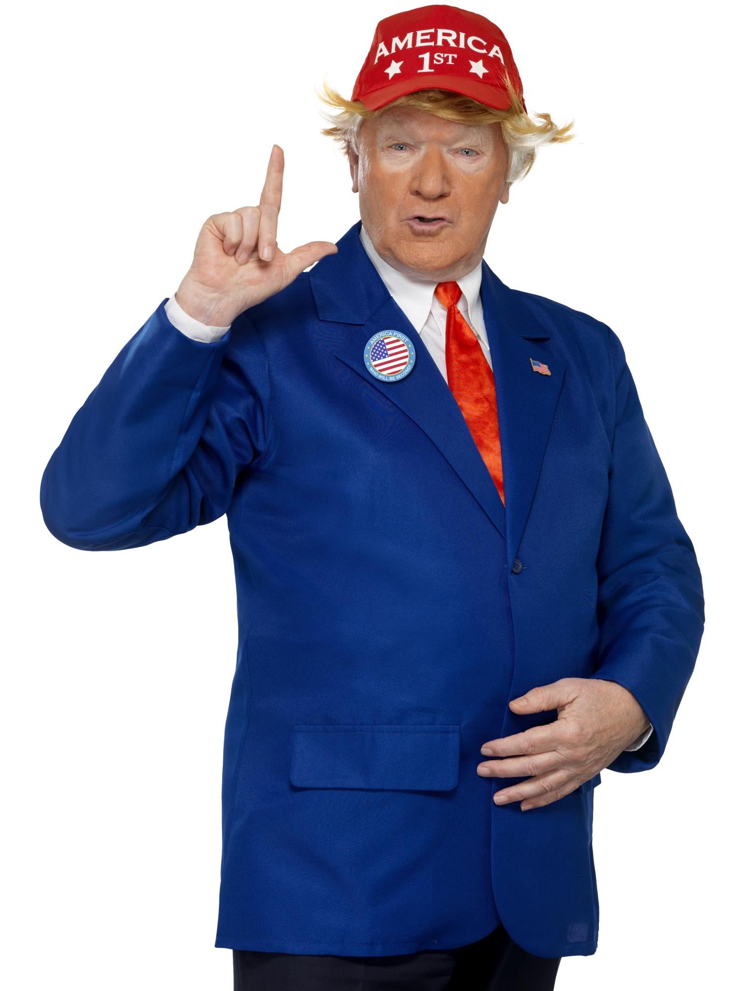 Smiffys President Kostüm blau rot für Herren mit Jacke Krawatte Hut und Anstecknadeln