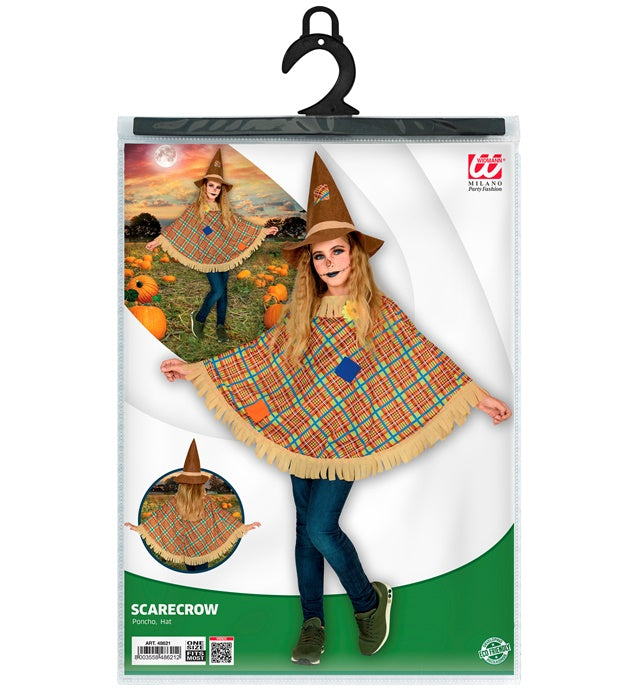 Vogelscheuche Kostüm mit Poncho und Strohhut auf dunklem Hintergrund