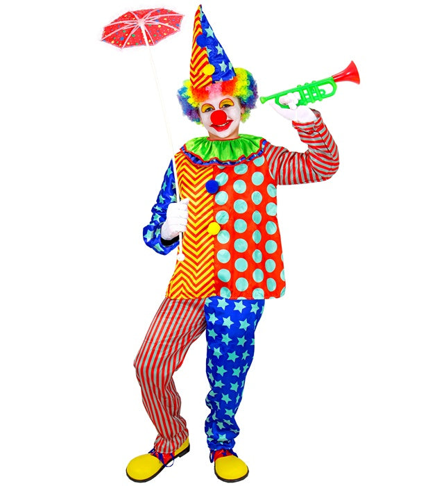 Buntes Clown-Kostüm mit Kragen, Hose und Hut für Fasnacht und Karneval