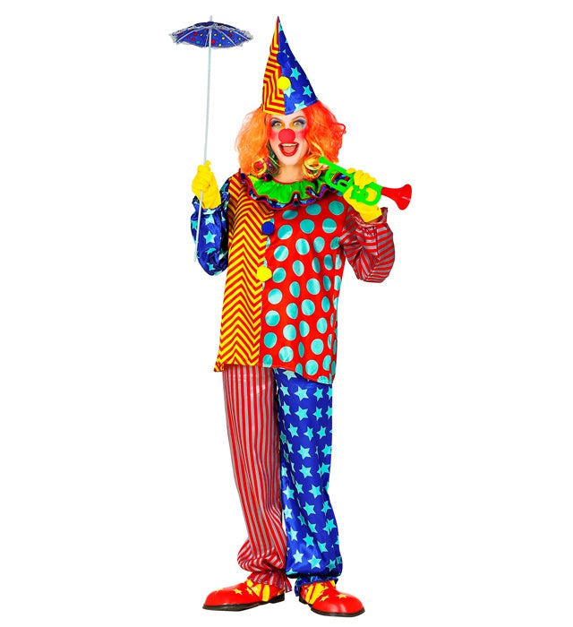 Buntes Clown-Kostüm bestehend aus Oberteil mit Kragen, Hose und Hut