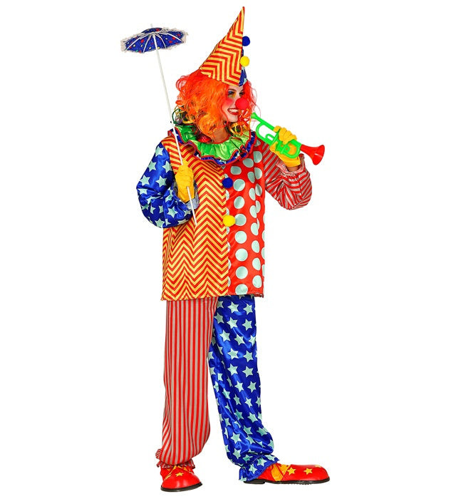 Buntes Clown-Kostüm bestehend aus Oberteil mit Kragen, Hose und Hut