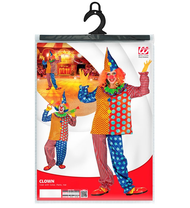Buntes Clown-Kostüm bestehend aus Oberteil mit Kragen, Hose und Hut