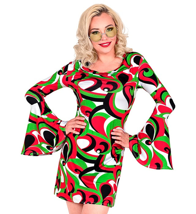 THE 70s GROOVY STYLE Kleid mit buntem Vintage-Wellenmuster im 70er-Jahre Stil