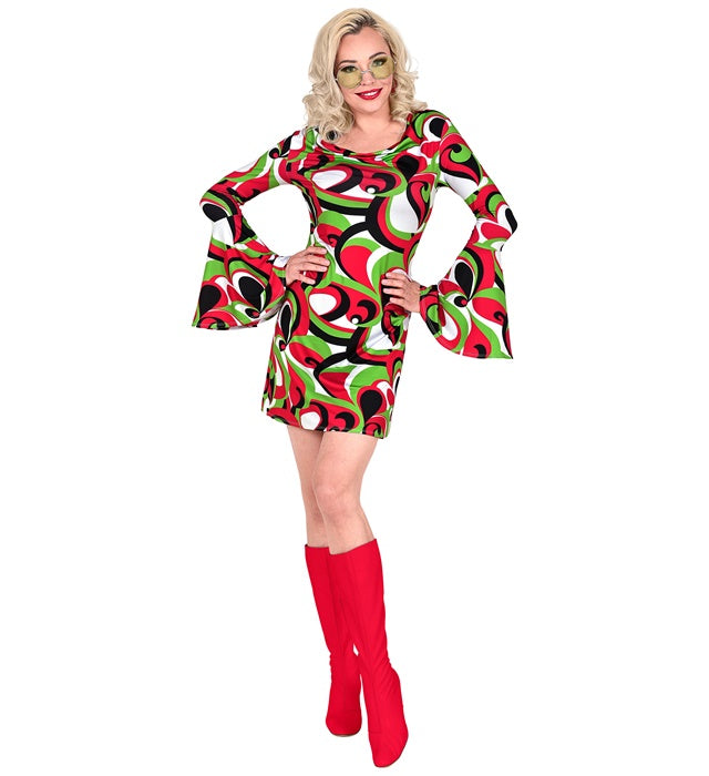 THE 70s GROOVY STYLE Kleid mit buntem Vintage-Wellenmuster im 70er-Jahre Stil