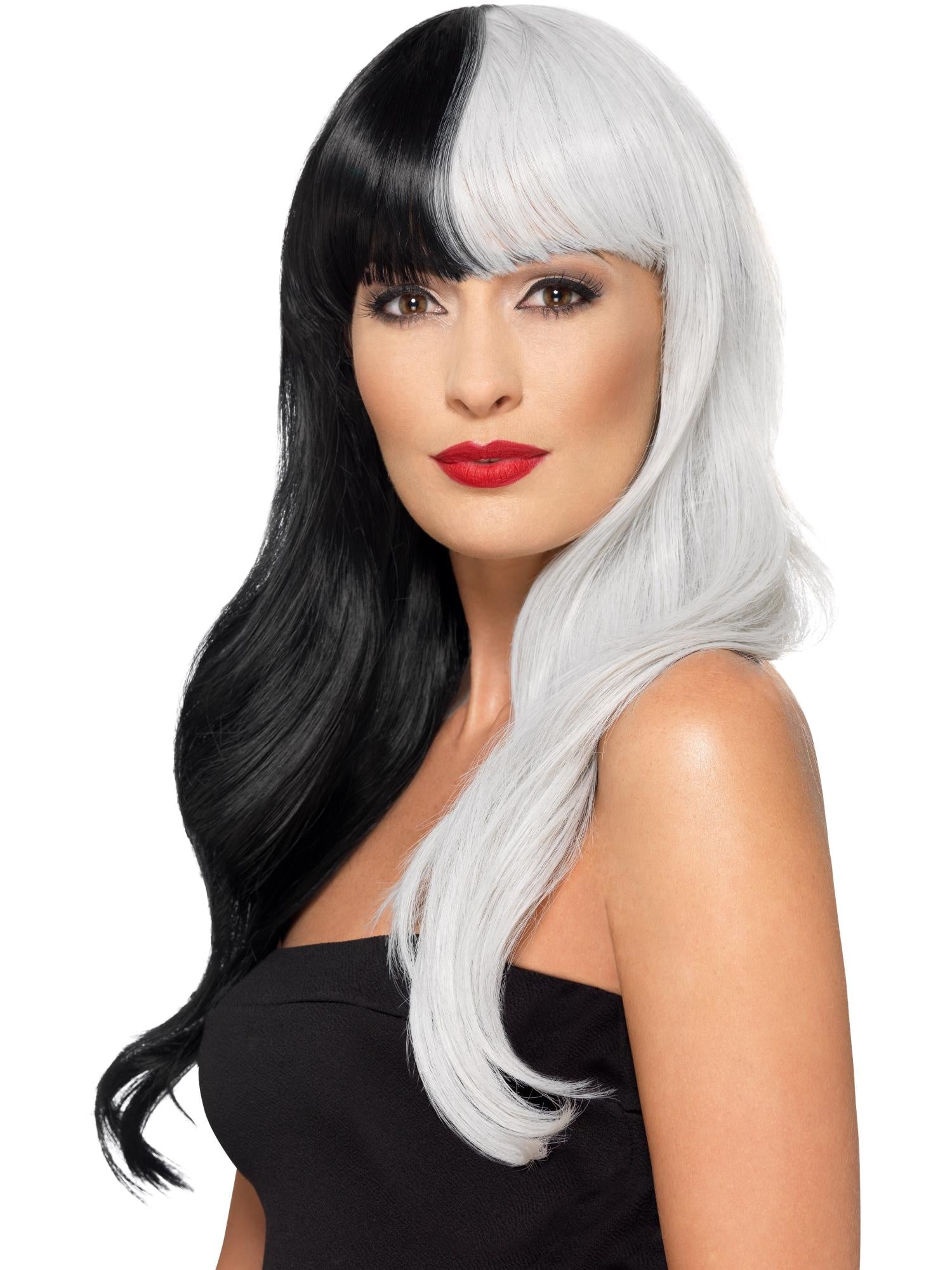 Smiffys Deluxe Perücke Half & Half mit Pony in Schwarz und Grau für Damen