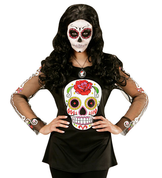 Día de los Muertos Bluse mit traditionellem mexikanischem Muster in leuchtenden Farben
