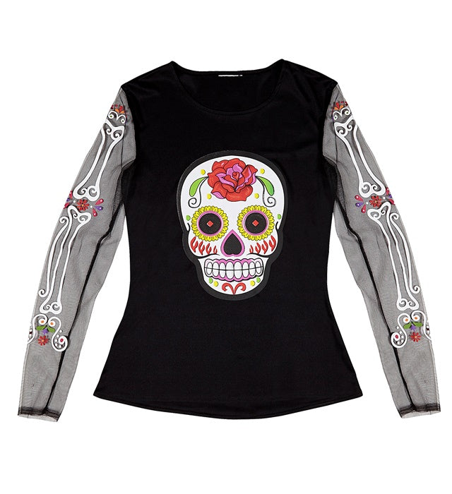 Día de los Muertos Bluse mit traditionellem mexikanischem Muster in leuchtenden Farben