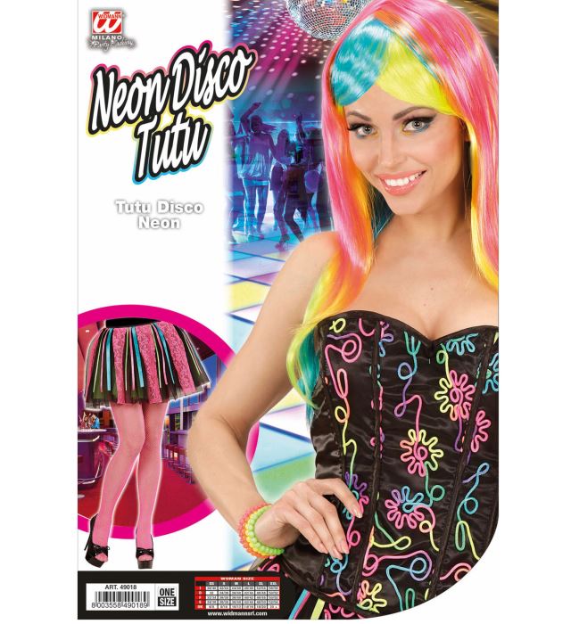 Neon Disco Tütü mit bunten Satinbändern und rosa Riemen auf weißem Hintergrund