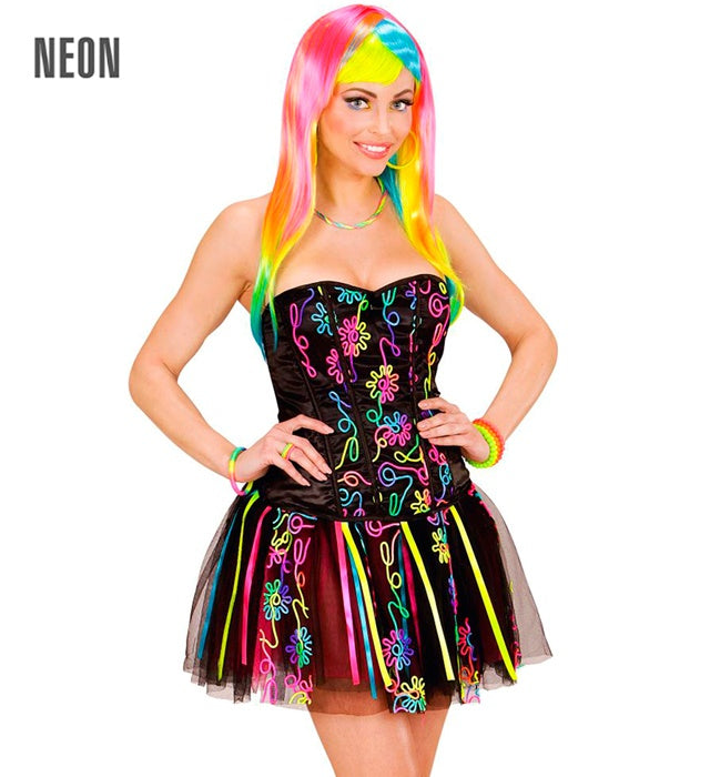 Neon Rainbow Fantasy Girl Kostüm mit leuchtendem Korsett und buntem Tutu