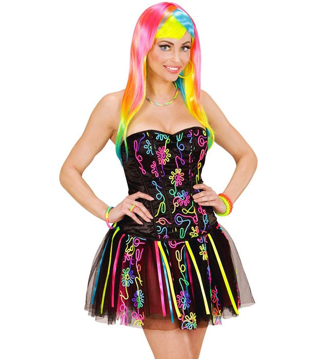 Neon Rainbow Fantasy Girl Kostüm mit leuchtendem Korsett und buntem Tutu