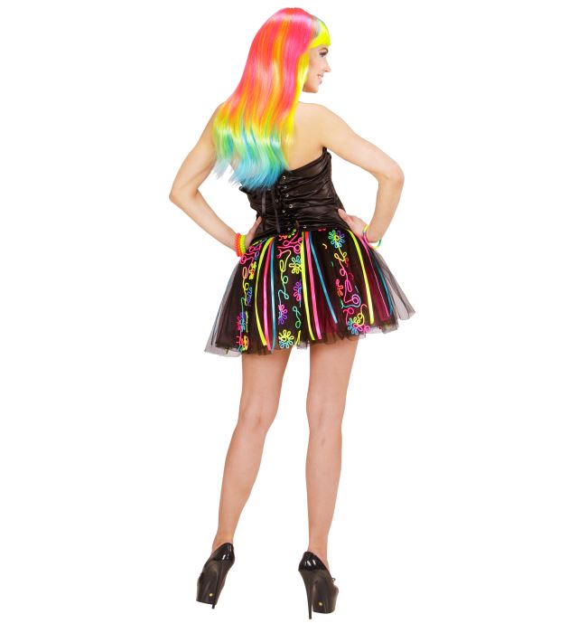 Neon Rainbow Fantasy Girl Kostüm mit leuchtendem Korsett und buntem Tutu