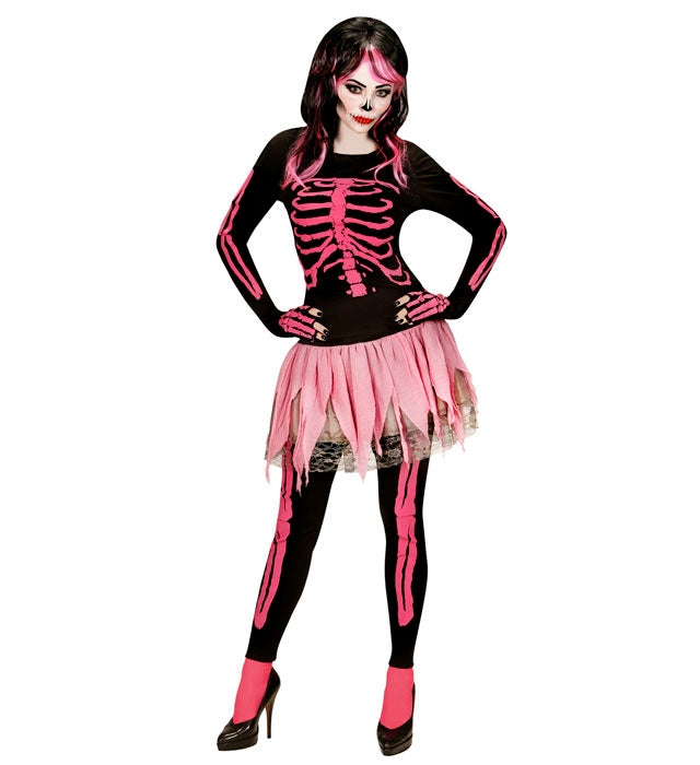 Pinkes Skelett-Kostüm bestehend aus Shirt, Hose, Ballettröckchen und fingerlosen Handschuhen