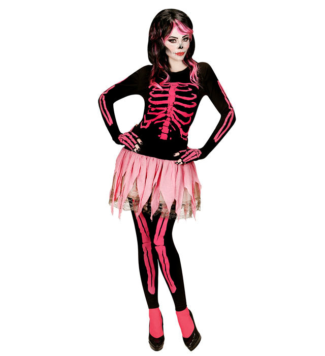 Pinkes Skelett-Kostüm bestehend aus Shirt, Hose, Ballettröckchen und fingerlosen Handschuhen