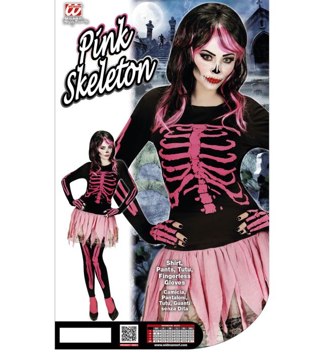 Pinkes Skelett-Kostüm bestehend aus Shirt, Hose, Ballettröckchen und fingerlosen Handschuhen