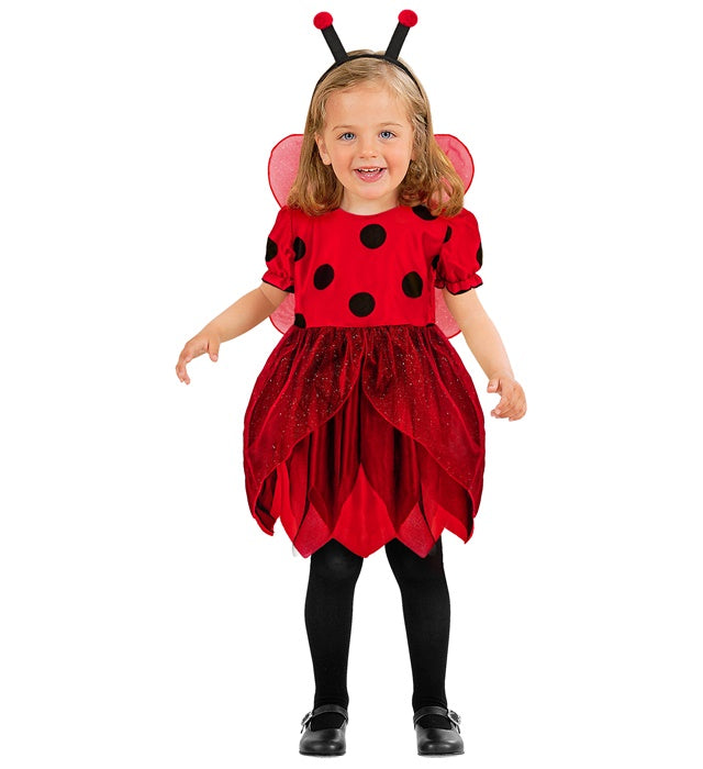 Marienkäfer Kostüm mit rotem Kleid, schwarzen Punkten, Flügeln und Antennen