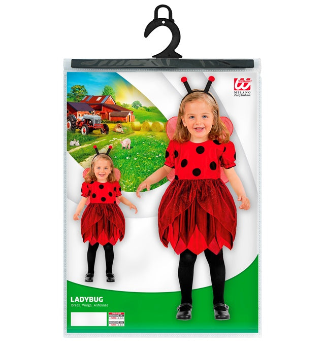 Marienkäfer Kostüm mit rotem Kleid, schwarzen Punkten, Flügeln und Antennen