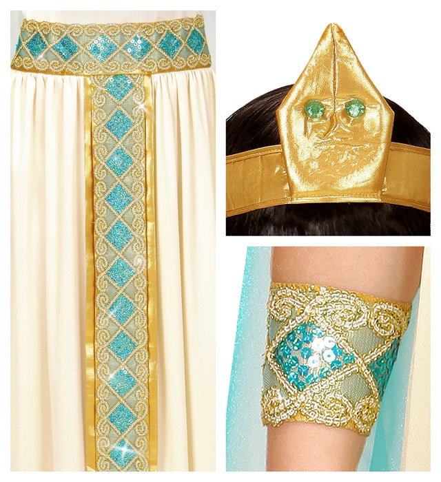 Cleopatra Kostüm Damen mit Kleid, Gürtel, Armbändern, Stirnband und Umhang in ägyptischem Stil