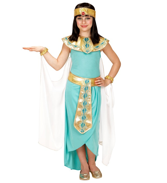 Ägyptische Königin Kostüm mit Kleid, Umhang, Gürtel, Armbändern und Stirnband auf hellem Hintergrund
