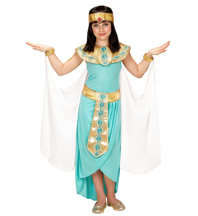 Ägyptische Königin Kostüm mit Kleid, Umhang, Gürtel, Armbändern und Stirnband auf hellem Hintergrund