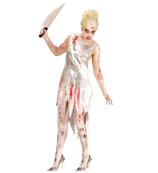 Miss World Zombie Kostüm mit Kleid und Schärpe in gruseligem Design