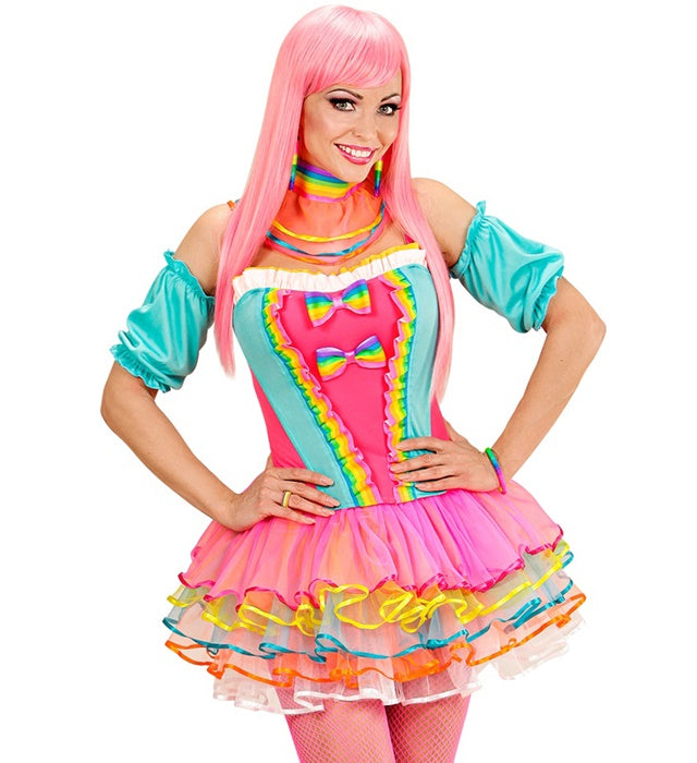 Rainbow Fantasy Girl Kostüm mit buntem Korsett und Tutu für Fasnacht