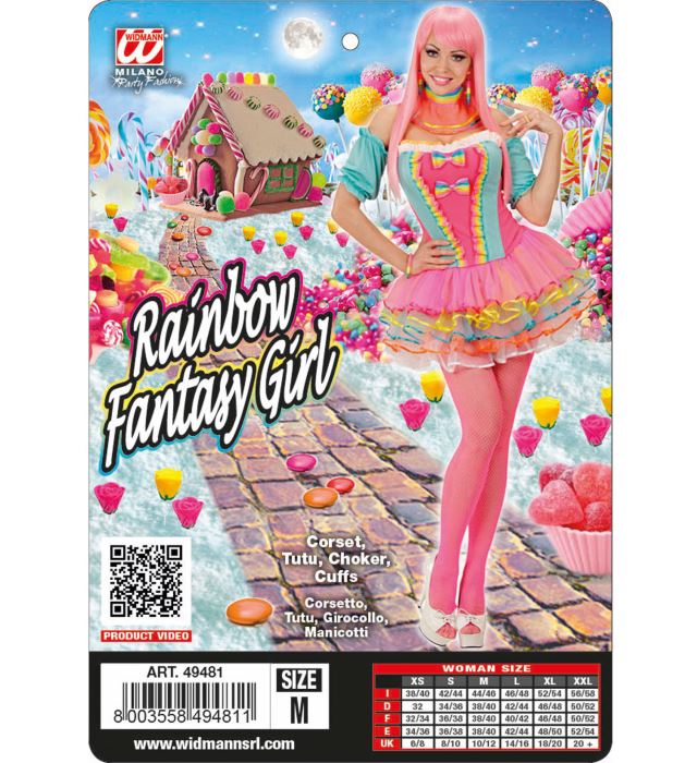 Rainbow Fantasy Girl Kostüm mit buntem Korsett und Tutu für Fasnacht