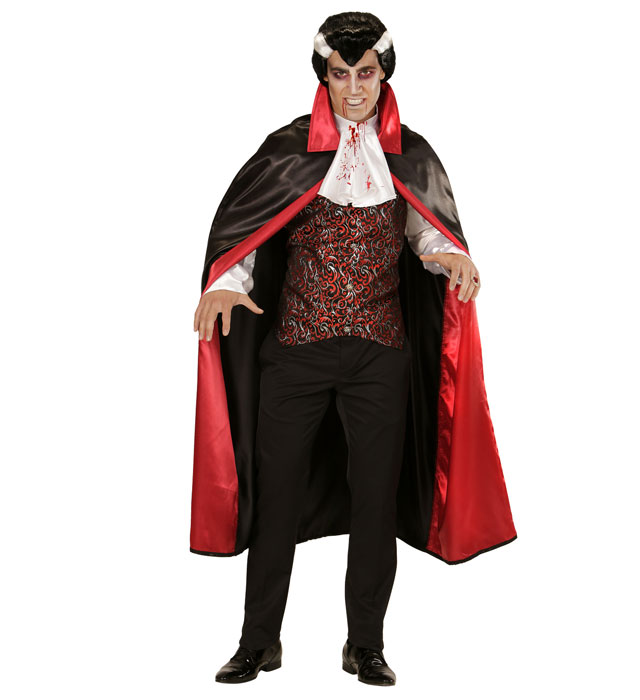 Blutrotes Vampir-Kostüm mit schwarzer Weste und Umhang für Fasnacht