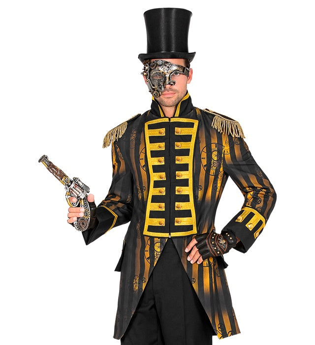 Steampunk Paradefrack für Herren in schwarzem viktorianischem Stil mit metallischen Details