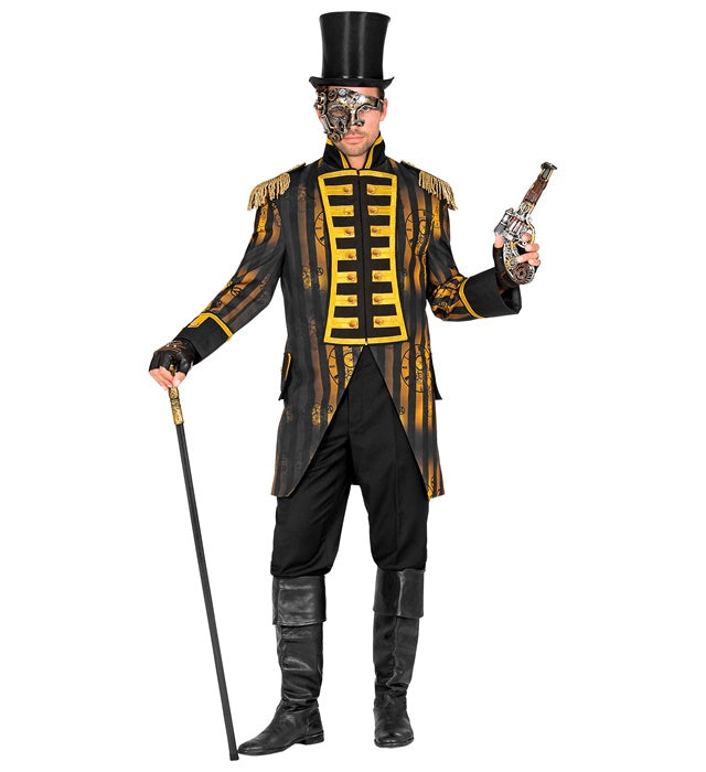 Steampunk Paradefrack für Herren in schwarzem viktorianischem Stil mit metallischen Details