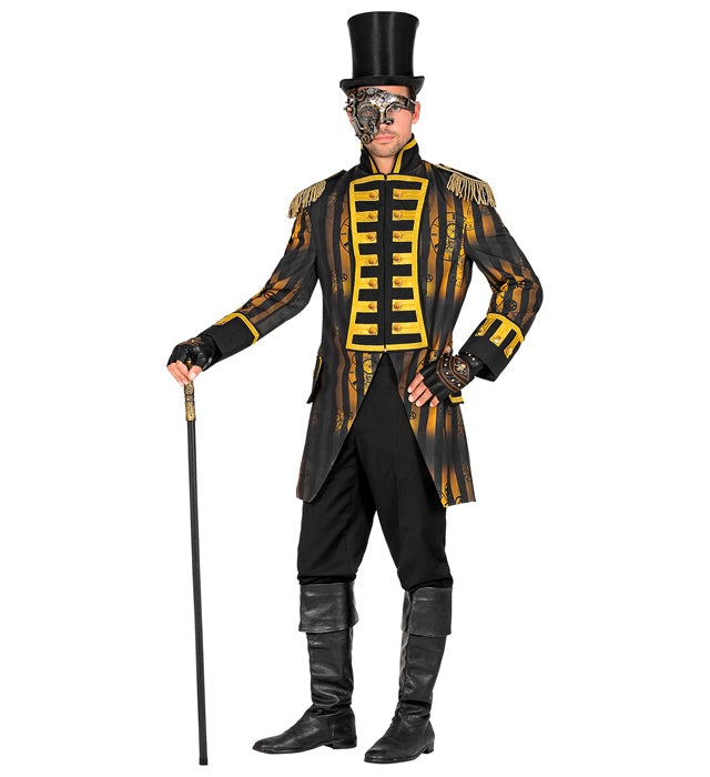 Steampunk Paradefrack für Herren in schwarzem viktorianischem Stil mit metallischen Details