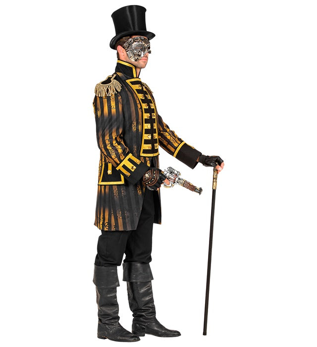 Steampunk Paradefrack für Herren in schwarzem viktorianischem Stil mit metallischen Details