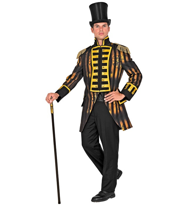 Steampunk Paradefrack für Herren in schwarzem viktorianischem Stil mit metallischen Details
