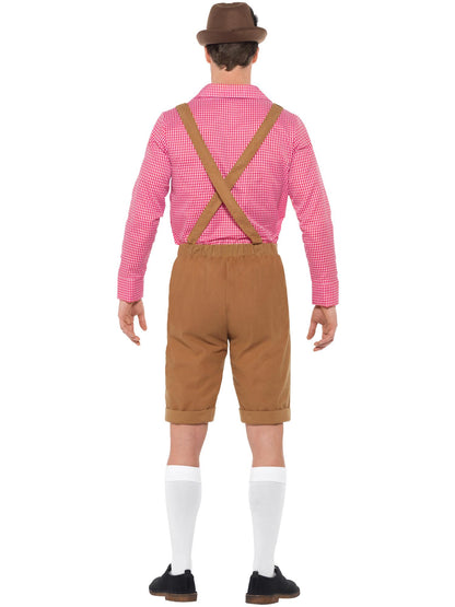 Smiffys Bavarian Herrenkostüm in Rot und Braun mit Hemd und Lederhosen – Detailansicht