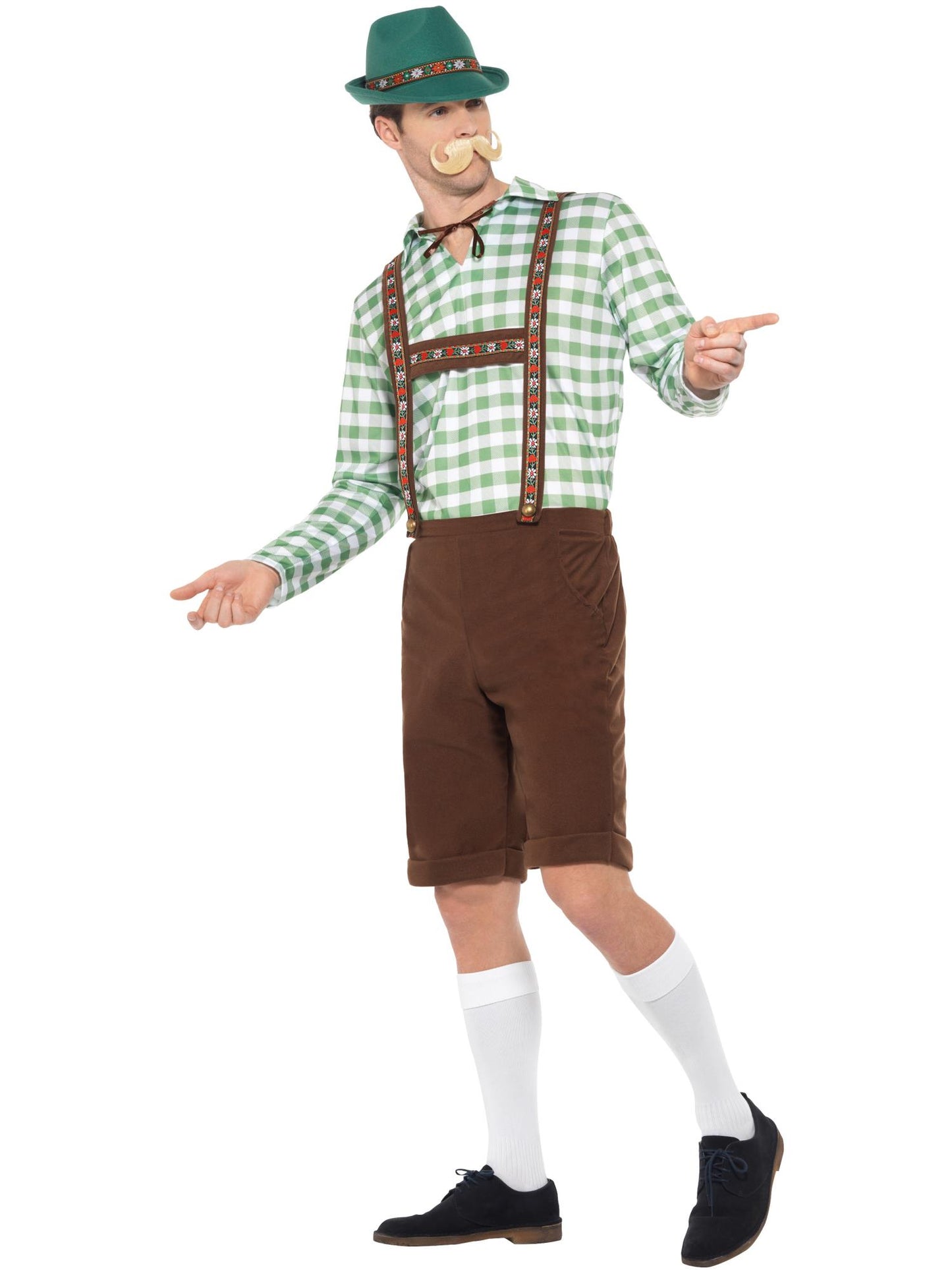 Smiffys Alpine Bavarian Kostüm grün-braun für Herren mit Hemd und Lederhosen – Seitenansicht
