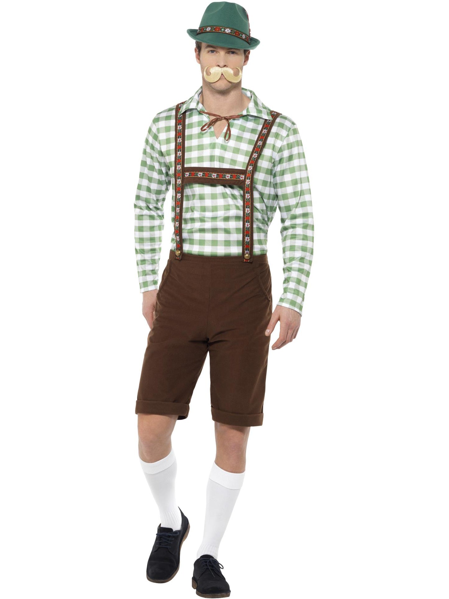 Smiffys Alpine Bavarian Kostüm grün-braun für Herren mit Hemd und Lederhosen – Produktansicht