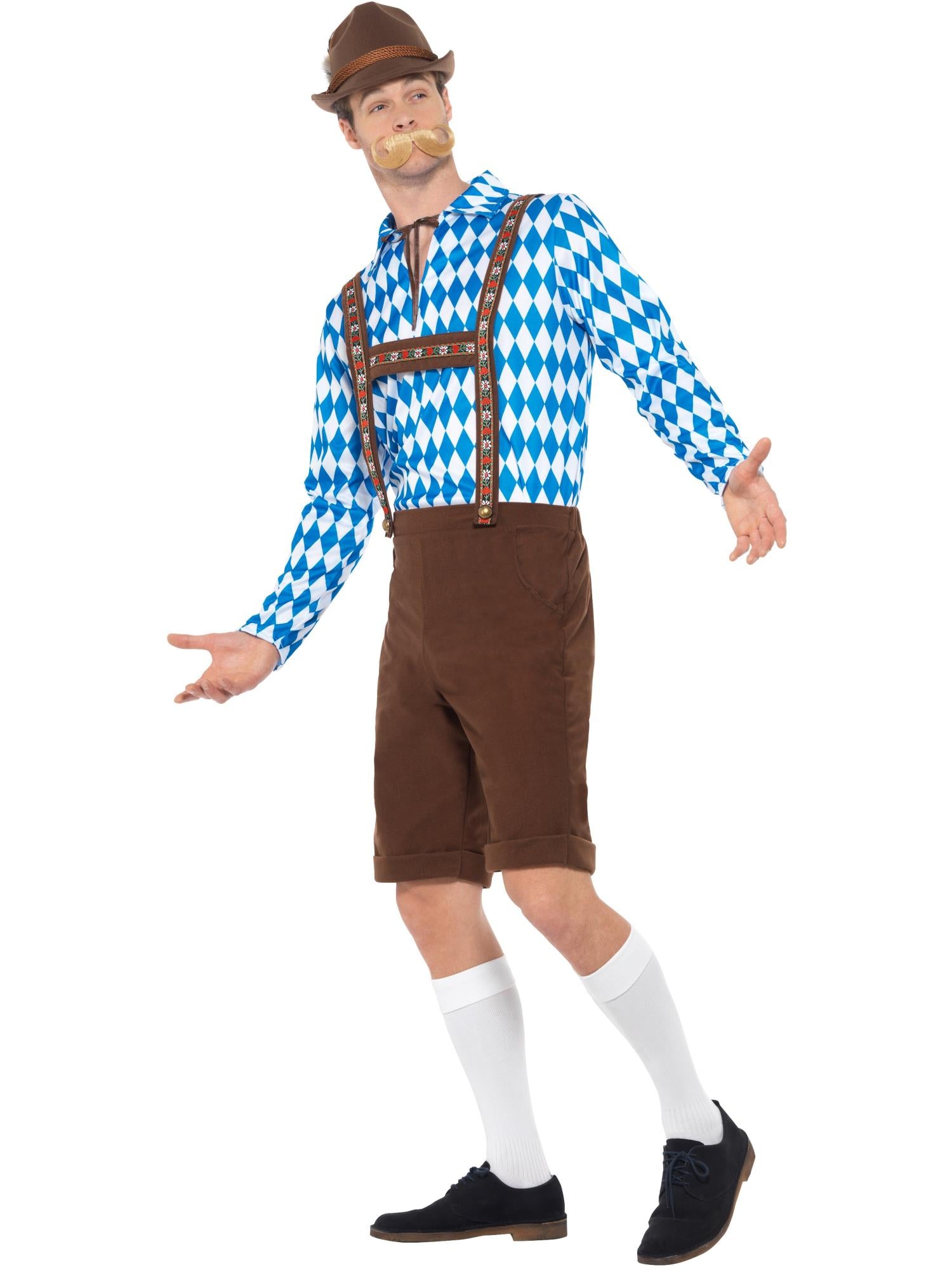 Smiffys Bavarian Beer Man Costume für Herren in Blau und Braun mit Hemd und Lederhosen – Seitenansicht