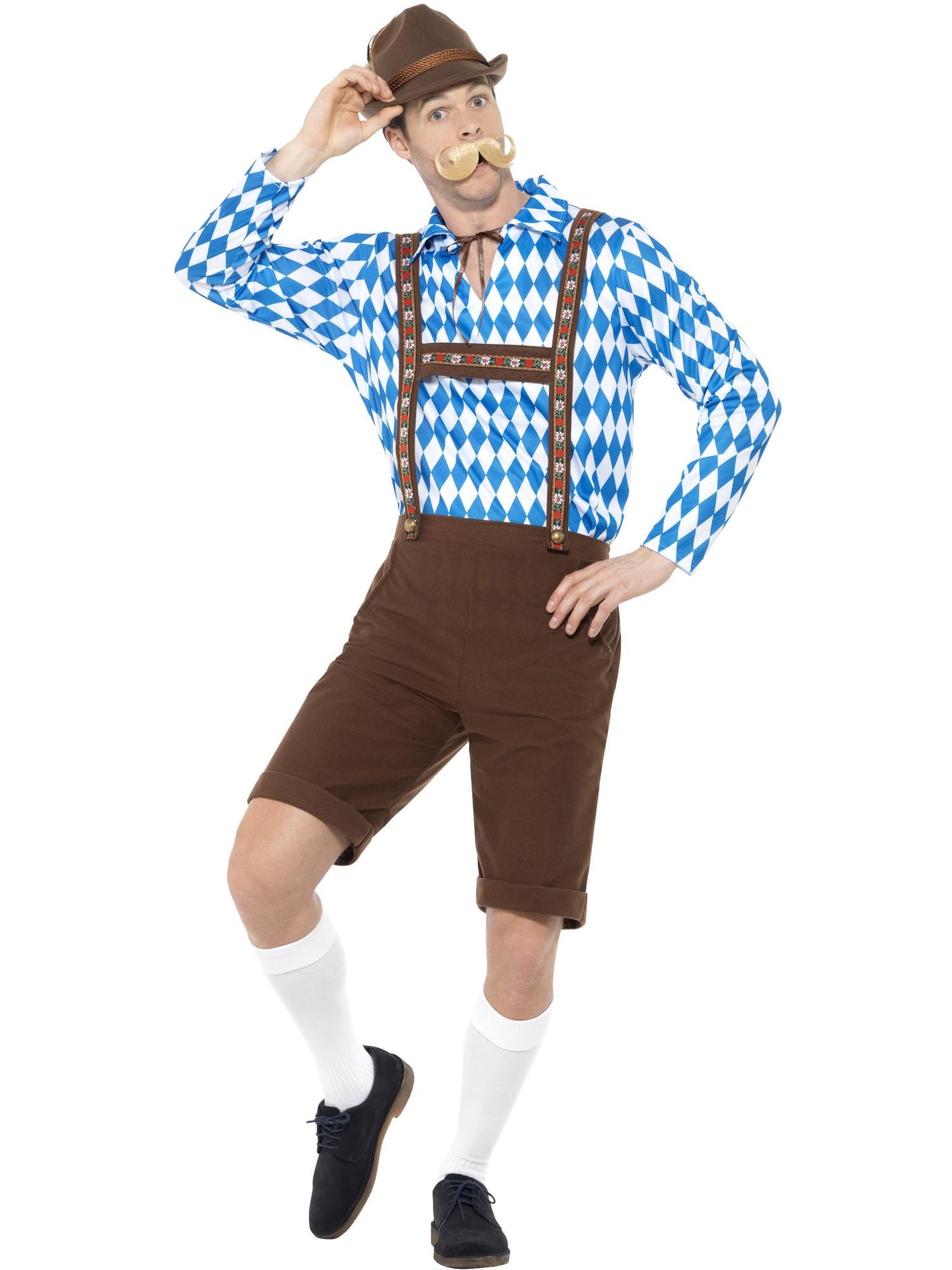 Smiffys Bavarian Beer Man Costume für Herren in Blau und Braun mit Hemd und Lederhosen – Produktansicht