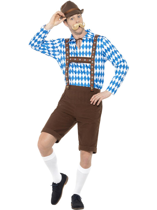Smiffys Bavarian Beer Man Costume für Herren in Blau und Braun mit Hemd und Lederhosen – Produktansicht