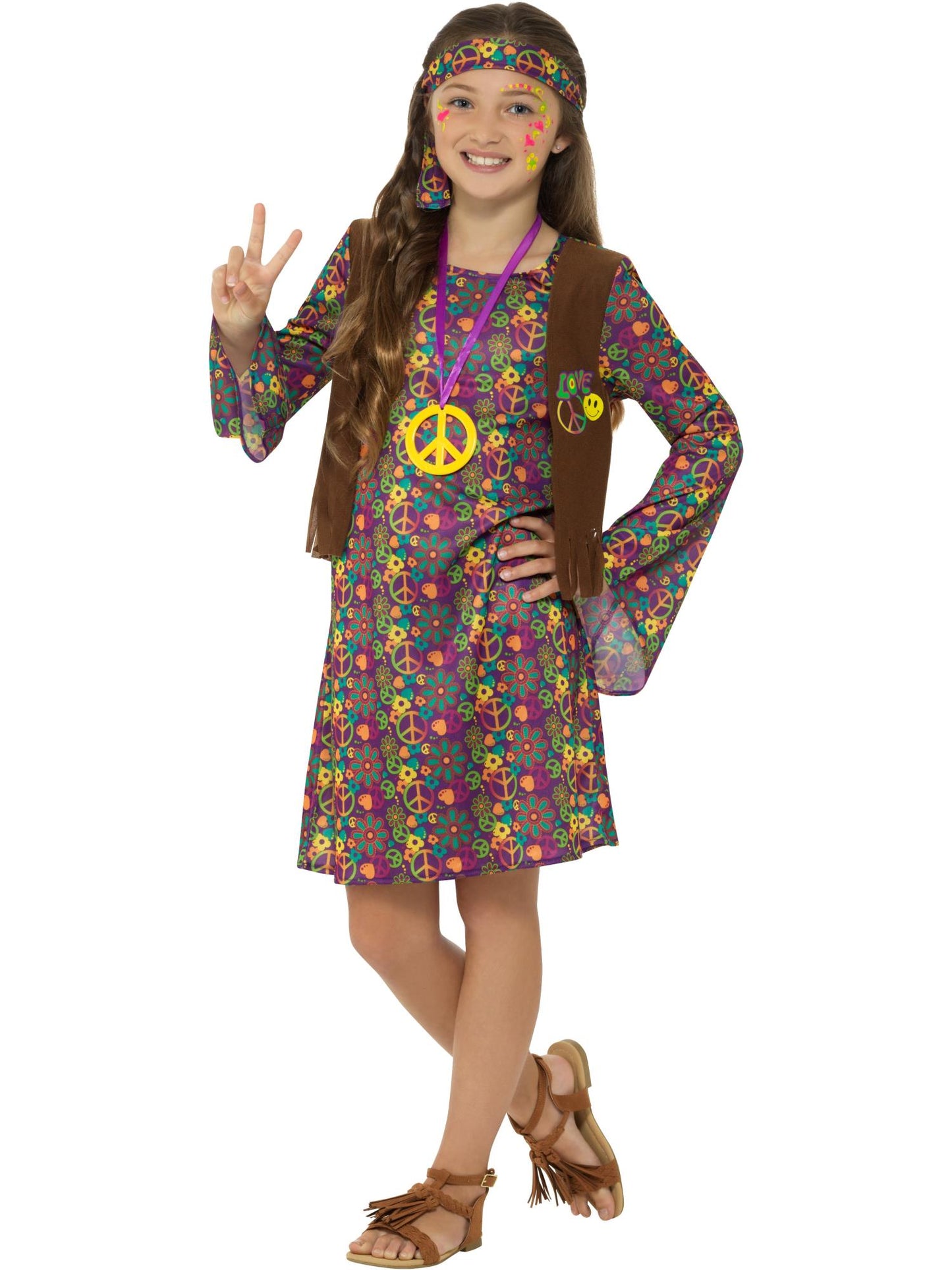 Smiffys Hippie-Mädchenkostüm für Kinder mit Kleid, Stirnband und Medaillon – Produktansicht