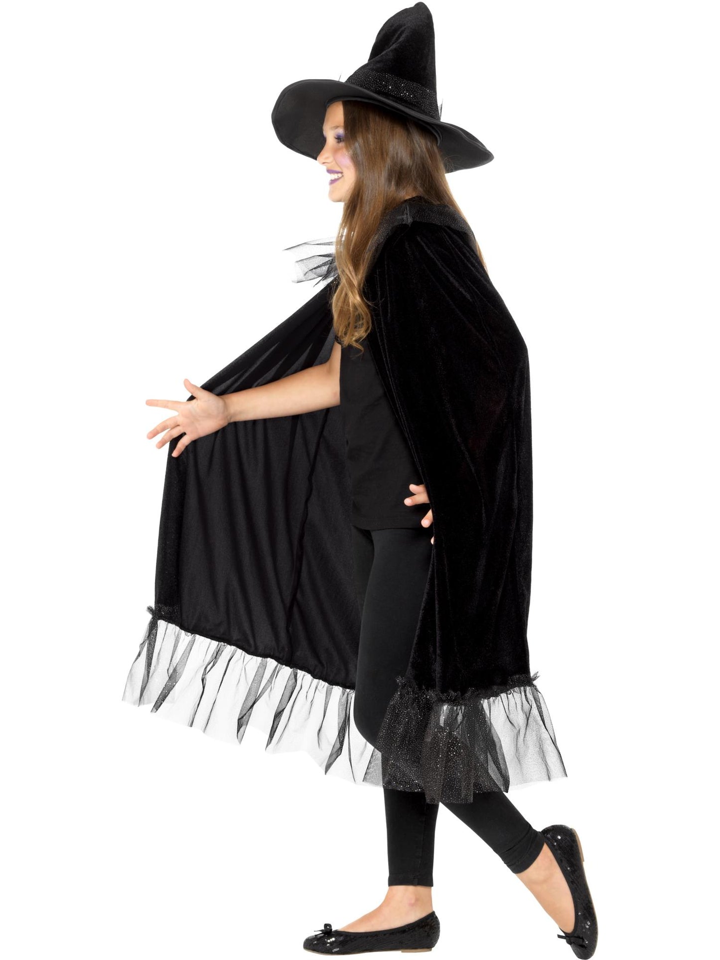 Smiffys Sparkly Witch Kit in Schwarz mit Umhang und Hexenhut – Seitenansicht