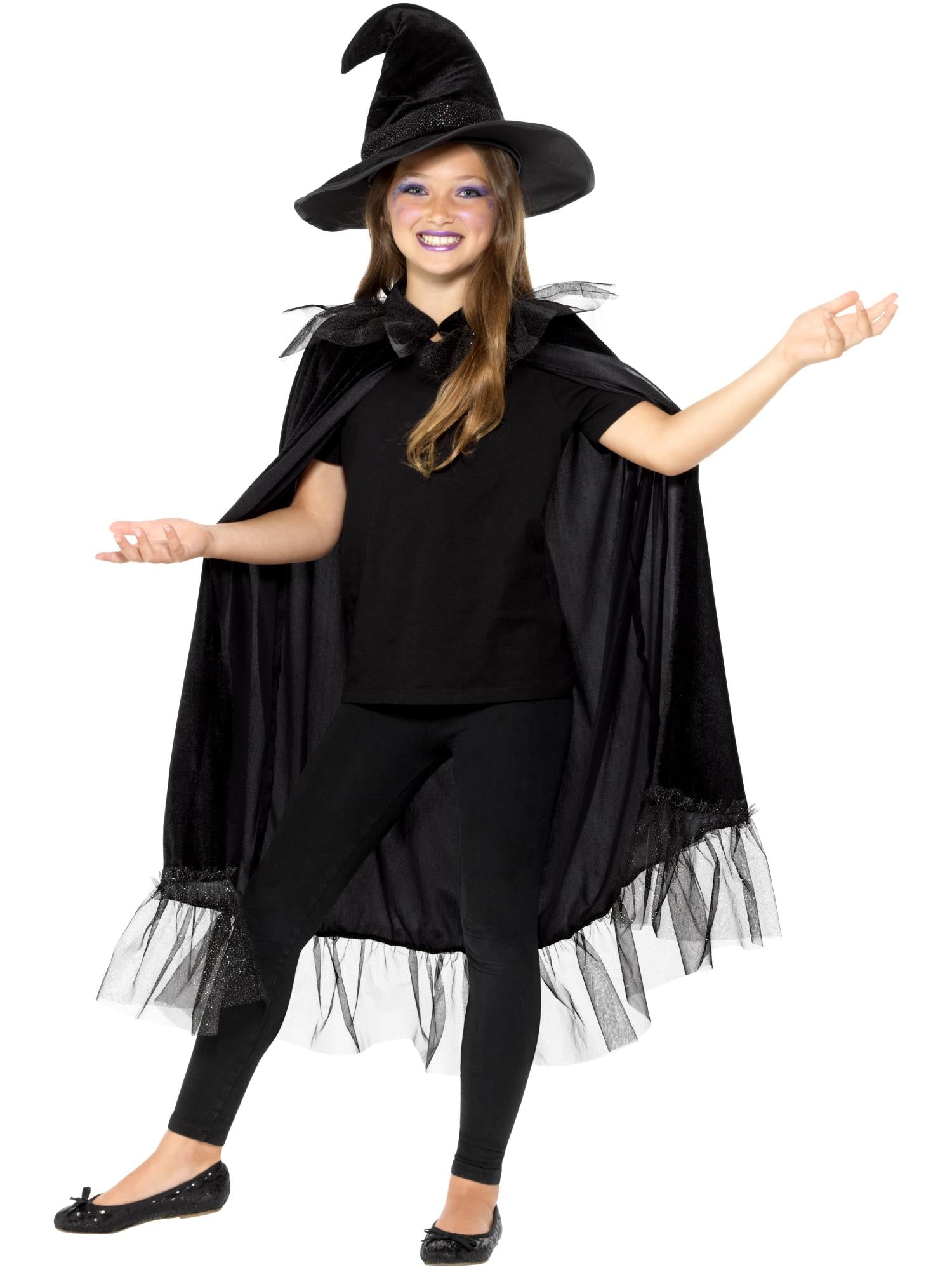 Smiffys Sparkly Witch Kit in Schwarz mit Umhang und Hexenhut – Produktansicht